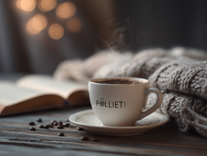 Photo d'une tasse avec un café devant un plaid et un livre
